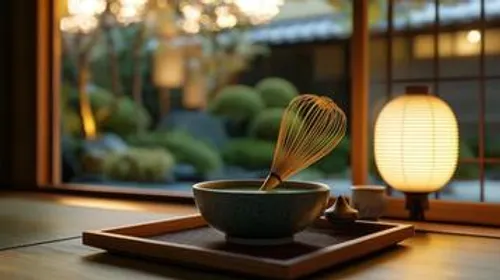Tea bowl and chasen on a wooden tray by a Japanese garden window