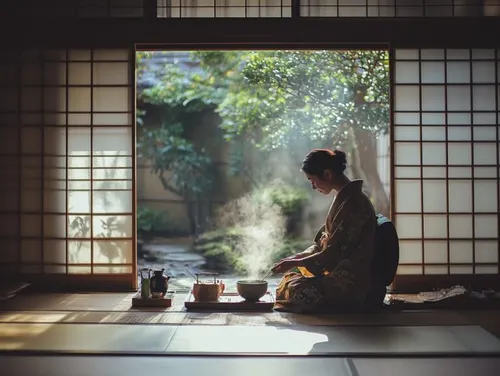 Tea master in kimono seated by a shōji-screened garden view